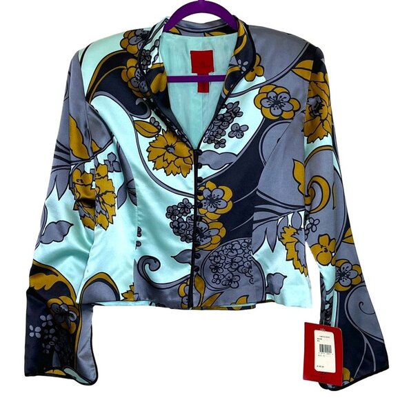JS Collections Jackets & Blazers - NWT JS Collections 100% Silk Aqua Blue Floral Button Front Blazer Jacket Size 16